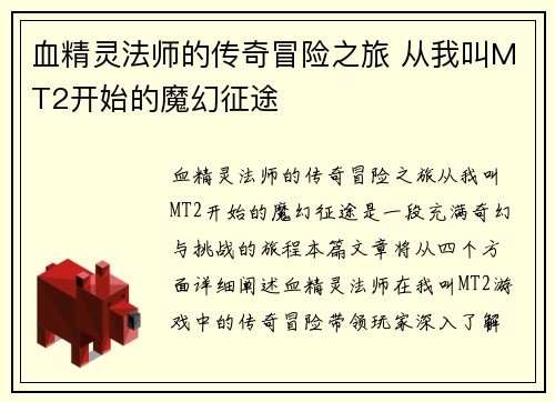 血精灵法师的传奇冒险之旅 从我叫MT2开始的魔幻征途